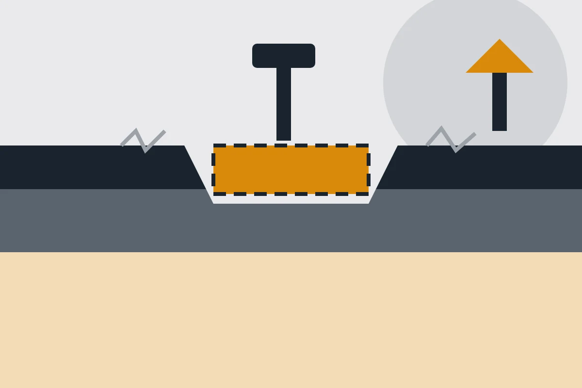 Illustration of a cut-out pothole being filled with a patch and tamper