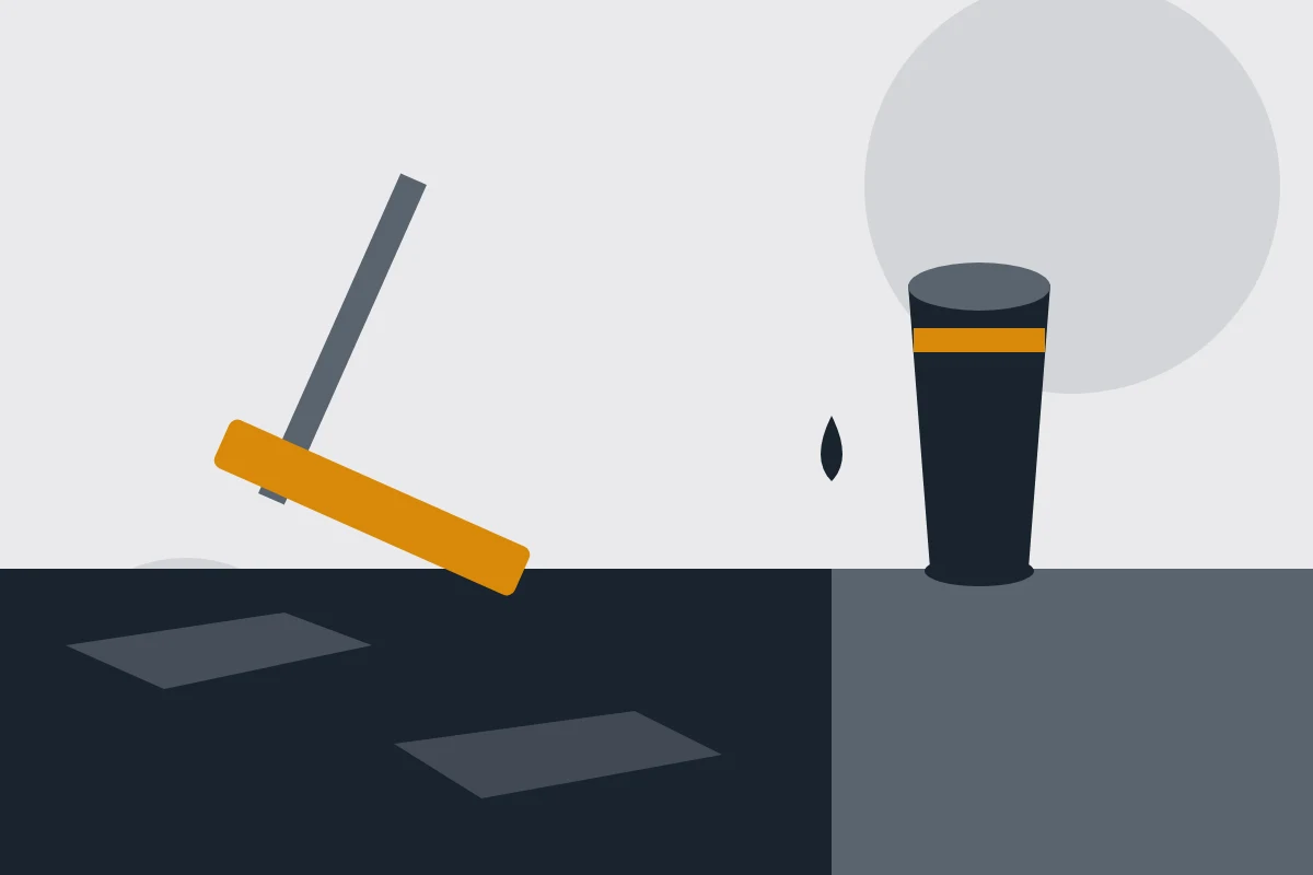Illustration of a sealcoat bucket and squeegee beside freshly sealed pavement
